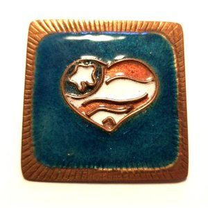 Copper Square Blue Enamel USA Flag in Heart Brooch Patriotic Pin SC405